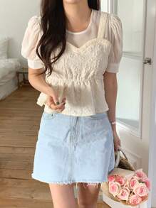 DAZY 女士休闲二合一短袖简约衬衫，日常穿着 - 杏色 - 查看 5