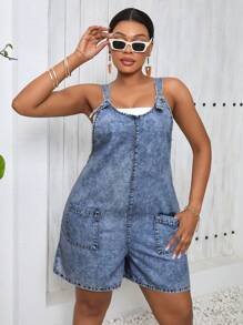 SHEIN Lady Plus Size Casual Loose Denim Jumpsuit In Blue, Sexy & Relaxing Summer Outfits Country Outfits Women
