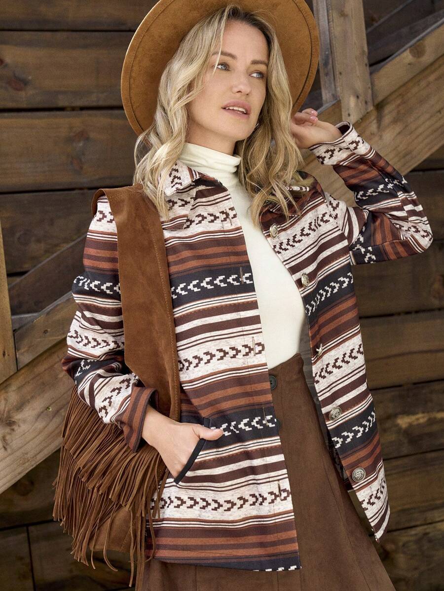 LanaWest Women's Printed Lapel H-Line Pocket Casual Long Sleeve Country Style Overcoat - Multicolor - View 1