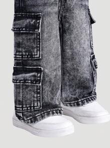 SHEIN Playful Pals 女宝宝新款重度水洗不对称腰带多口袋设计宽松休闲直筒工装牛仔裤 - 深灰色 - 查看 5