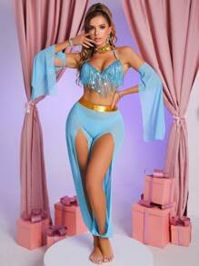 Women Casual Fringed Decor Top And Mini Skirt Set - Blue - View 1