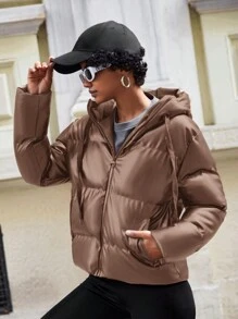 EURMUSE Zip Up Snap Button Hooded Puffer Coat - Brown - View 3