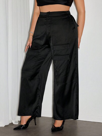 SHEIN ICON Pantalones rectos con bolsillos cargo y cordón, sexy para el lugar de trabajo, talla grande