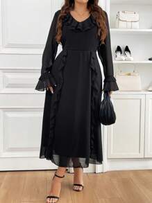 SHEIN Frenchy Ruffled Flowy Chiffon Elegant Long Sleeve Plus Size French Design Midi Dress