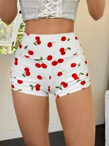 SHEIN EZwear Women's Elastic Waist Side Ruched Cherry Print Casual Shorts - Red and White - View 3