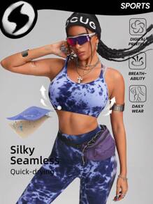 Innovista Woman Activewear Seamless Sports Bra, Tie Dye Print High Elastic Push Up & Support Sports Gym Top, Breathable & Dry Fit Dynamic Print Workout Offits, Fitness,Outdoor,Cycle,Bike,Running,Boxing,Strength,Cardio,Yoga,Party,Music Festival,Versatile.Tank,Vest,Spring,Underwear,Base Layer,Tracksuit,Blue,Valentine's Day