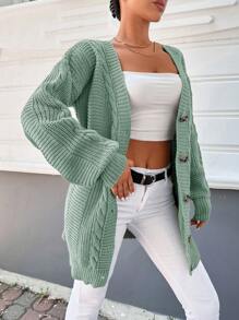 EURMUSE Cable Knit Drop Shoulder Cardigan - Green - View 5