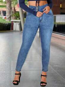 Women's Pocketed Skinny Casual Stretch Buttoned Denim Jeans - 淺藍色 - 查看 3