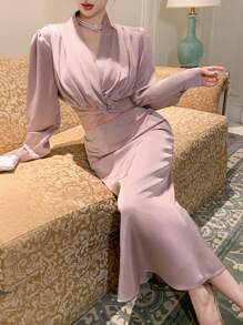 DAZY 1 set effen kleur dames twist geplooide pofmouw shirt en A-lijn rok 2-delige outfit