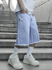 Manfinity EMRG Men's Mid Blue Vintage Washed Distressed Ripped Street Style Loose Denim Shorts Jorts Going Out Hang Out Commute Vacation Street