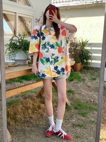 DAZY Women All-Over Print Turndown Collar Casual Short Sleeve Shirt Floral,Fall Clothes - Multicolor - View 4
