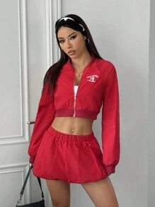 StreetHx Women's Autumn Street Style Red Letter Print Baseball Jacket & Mini Skirt 2pcs/Set, Sporty Look - Red - View 6