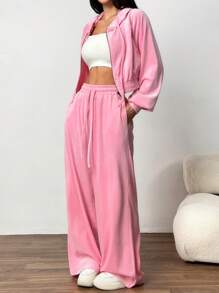 SHEIN EZwear 2 件套女士纯色前拉链长袖连帽衫和裤子，简约 - 粉色 - 查看 6