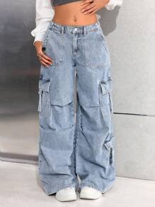 SHEIN Jeans casuales holgados de mezclilla con bolsillos, pliegues y diseño de pierna ancha para adolescentes, con botones, bolsillos y cremallera, cintura baja y pierna ancha, color azul claro holgado para niñas, para primavera/verano, uso casual diario, atuendos de verano bohemio, rave y festival