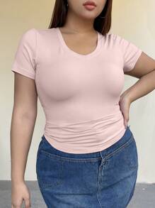 Dazy Petite Plus Solid Color Asymmetric Hem V-Neck Short Sleeve T-Shirt, Pink Top, Spring/Summer - Pink - View 4