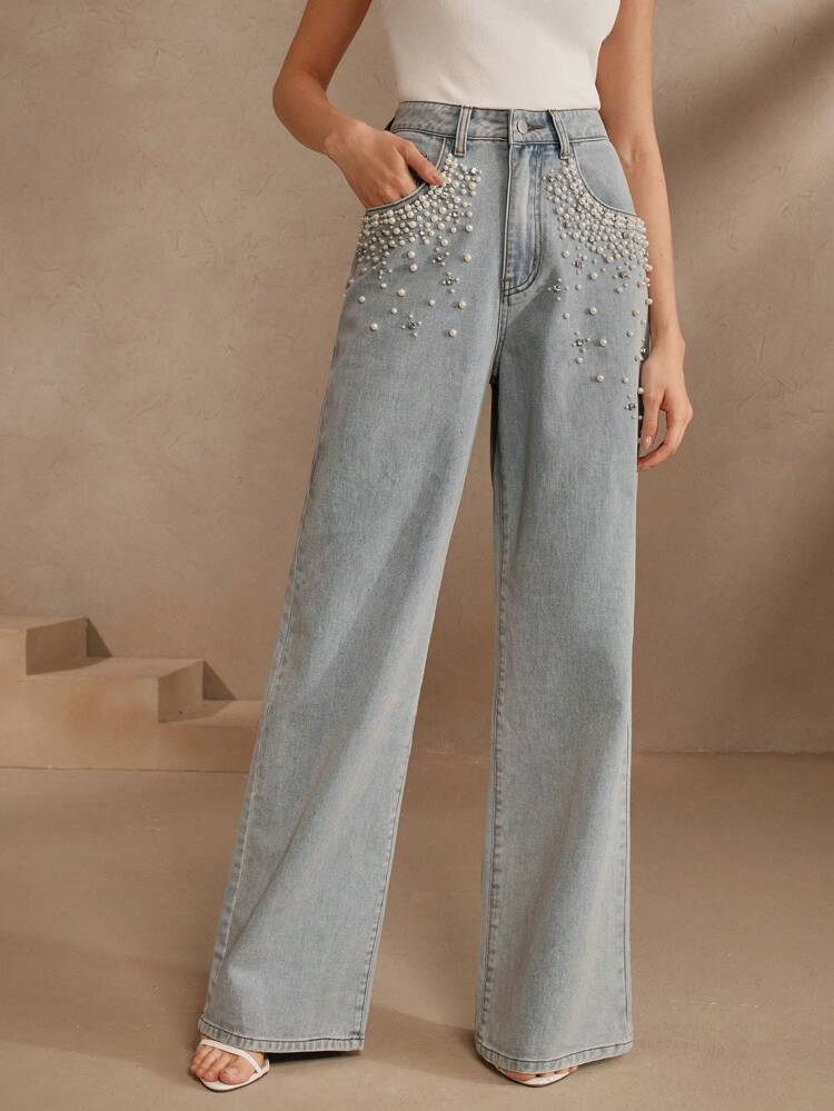Women's Fashionable Glittering Beaded Music Festival Blue Straight Leg Jeans, Spring/Summer