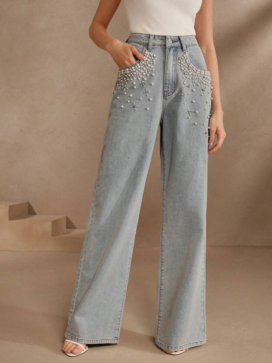 Anewsta Petite Women's Fashionable Glittering Beaded Music Festival Blue Straight Leg Jeans, Spring/Summer - Blue - View 1