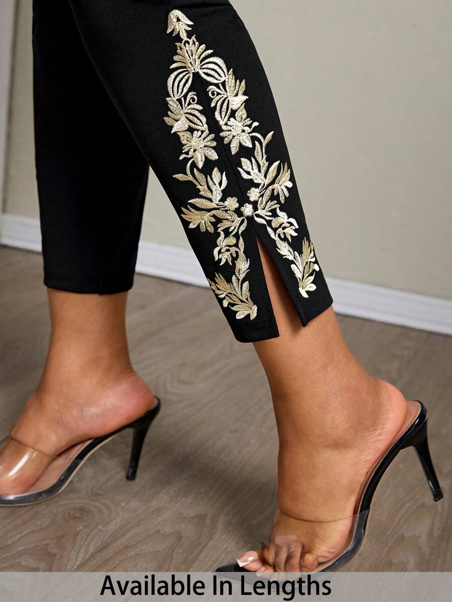 SHEIN PETITE CURVE 大码刺绣高腰简约修身休闲裤，日常穿着