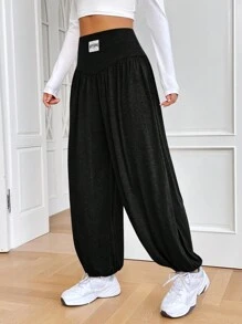 SHEIN EZwear Spring Letter Patched Gathering Tummy Control Grey Loose Bound Feet Lantern Sweatpants - Black - View 4