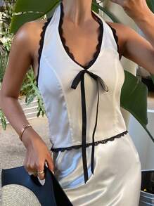 DAZY 女式修身缎面 V 领露背蕾丝拼接系带吊带背心，露背上衣 - 白色 - 查看 4