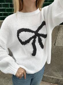 Forever 21 Autumn/Winter New Round Neck Big Bow Color Block Loose Casual Sweater For Girls