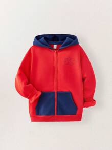 SHEIN Tween Boy 拼色长袖连帽休闲拉链夹克，秋冬