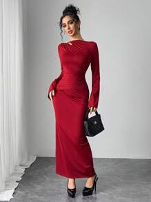 Modelyn Damen Kleid mit einfarbigen glockenförmigen Ärmeln, plissiert und figurbetont, elegant