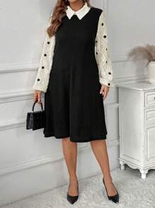 SHEIN Clasi Plus Size Women Valentine's Day Dress, Spring Clothes Contrast Color Cutout Sleeve Dot Print Collared Dress - Multicolor - View 5