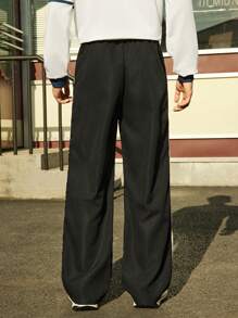 SHEIN Teen Boys' Casual Striped Patchwork Drawstring Straight Leg Pants, Fashion For Daily Wear, Spring/Autumn - Black - View 7
