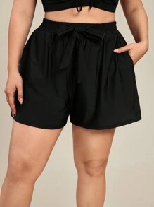 SHEIN Swim Curve Plus Size Elastic Waist Bowknot Drawstring Beach Pants, Suitable For Various Summer Beach Occasions - Black - View 6