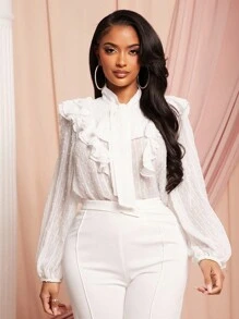 SHEIN SXY 春夏新年结婚季优雅浪漫情人节约会必备白色雪纺波点提花领口荷叶边半透长袖衬衫上衣 - 白色 - 查看 4