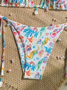 Swim Mod 2pcs/Set Summer Holiday Random Print & Ribbed Texture Seashell Decorated Halter Top & Side Tie Waist Bikini Swimwear, Bohemian - Multicolor - View 3
