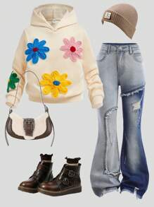 SHEIN Tween Girl Y2K Fashion Pocket Patchwork Frayed Ripped Fashionable Flared Jeans , Fall Winter - Medium Wash - View 1