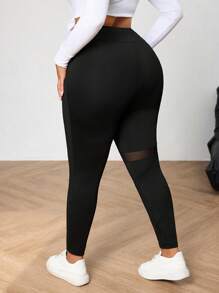 SHEIN PETITE CURVE 大码女式纯色基础日常打底裤，撞色网纱透视打底裤，日常休闲、运动、春季、嘉年华女式服装，黑色打底裤 - 黑色 - 查看 2