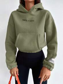 EURMUSE Cotton Women's Short Cropped Hoodie With Slogan Print And Drop Shoulder - Green - View 3