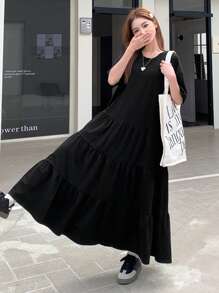 DAZY Women's Solid Color Round Neck Patchwork Mid-Length Dress - Black - View 5