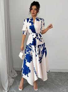 Chiquease Rochie lungă elegantă cu decolteu în V cu imprimeu floral