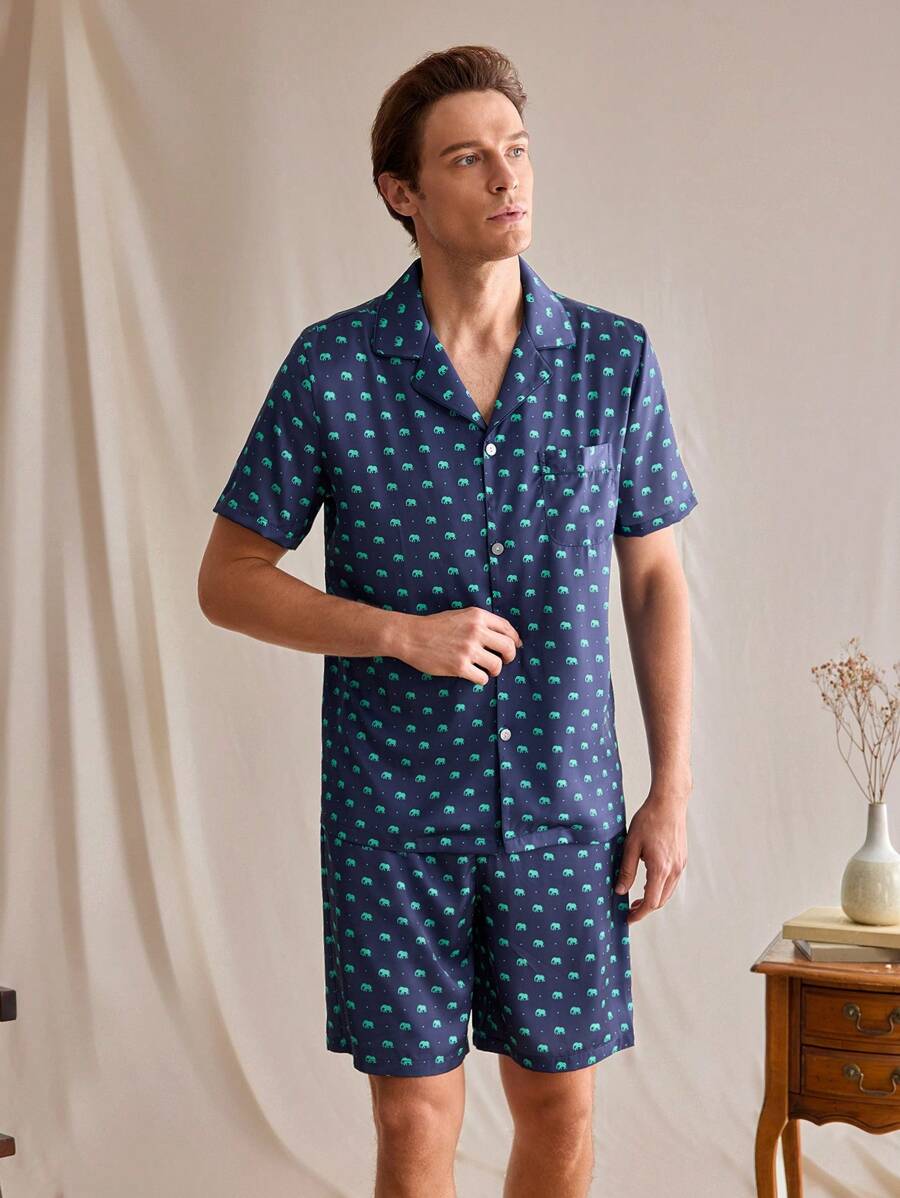 EverLounge Set Of Men's Front Button Short Sleeve Allover Print Simple Top And Shorts Pajama Set - Multicolor - View 1