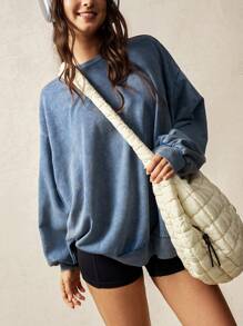 VARSITIE Crew Neck Long Sleeve Washed Blue Relaxed Casual Sweatshirt - Blue - View 2