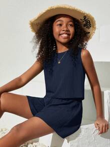 SHEIN Tween Girls Casual Plain Woven ärmlös topp och lösa shorts Set, vardagskläder - Marinblå - Visa 4
