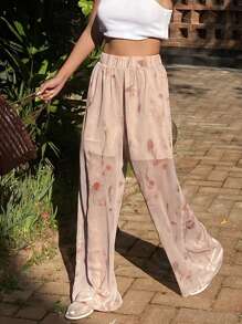 DAZY Pantalones rectos informales para mujer con estampado floral diminuto, adecuados para vacaciones en la playa - Beis - Ver 3