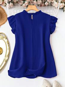 SHEIN LUNE Plus Size Solid Color Stand Collar Ruffle Hem Elegant Office Shirt