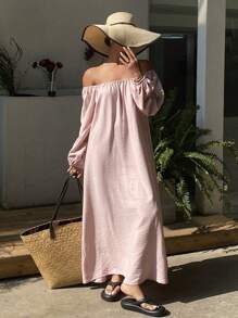 DAZY 女士度假海滩罩衫连衣裙，飘逸 A 字形直筒休闲宽松露肩中长连衣裙，秋季连衣裙长袖连衣裙 - 粉色 - 查看 6