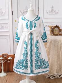 年轻女孩休闲优雅花卉印花长袖连衣裙 - 藍白色 - 查看 7