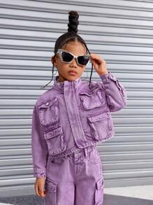 SHEIN Young Girl Y2K Cute Pink Denim Stand Collar Long Sleeve Multi-Pocket Jacket,Street Cool Style Clothes,Girl Fall And Winter Clothes