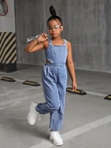 SHEIN Mono con lavado de piedra, estilo callejero y moderno para niña preadolescente, con tirantes cruzados y espalda abierta. Ropa de otoño y atuendos de estilo callejero para niñas preadolescentes de regreso a la escuela - Lavado ligero - Ver 7