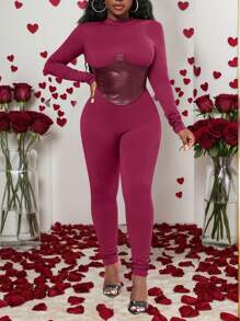 Slaydiva Neue Lässig Street Jumpsuit für Herbst und Winter mit Stehkragen, Langarm, PU Fake Gürteldesign, braun melierter Strickstoff mit PU Hose, enge Passform für Damen