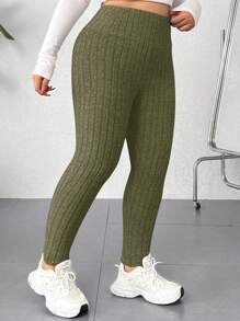 SHEIN EZwear Leggings casuales acanalados de cintura alta de unicolor para mujer talla grande
