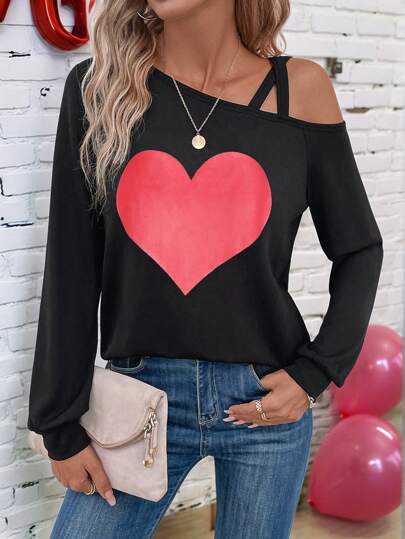 SHEIN LUNE Valentine's Day Women's Open Shoulder Long Sleeve Heart Print T-Shirt, For Autumn/Winter
