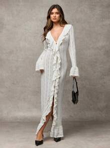 SHEIN BAE Women's Elegant Solid Color Lace Ruffle Flare Sleeve Dress - White - View 6